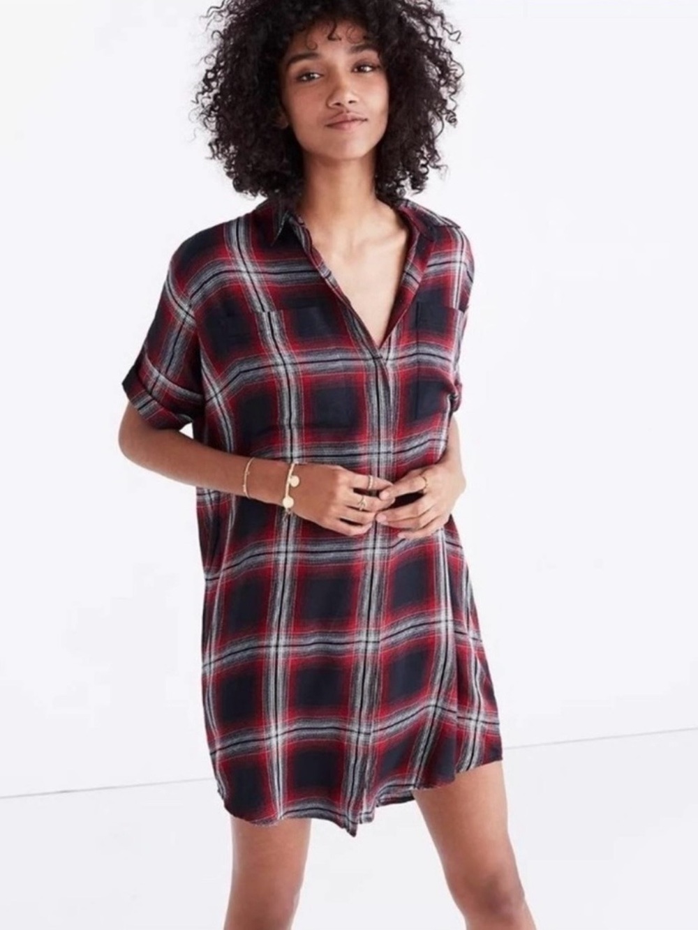 Madewell Red and Black Plaid Button-Up Dress